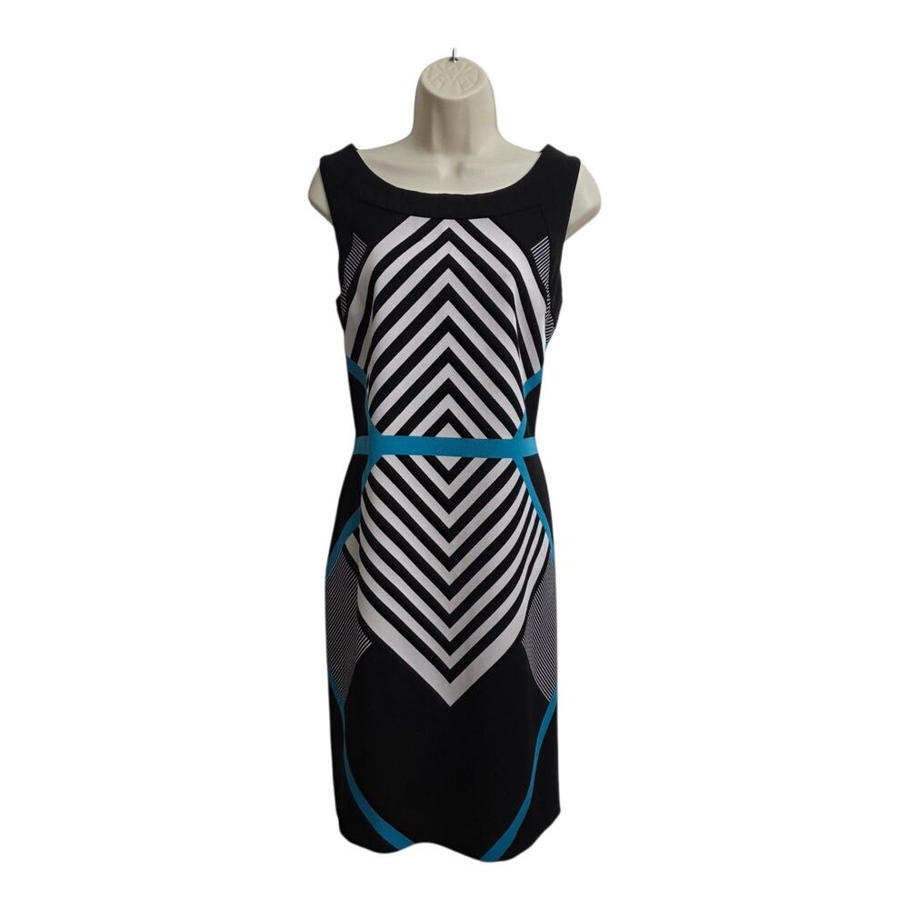 Voir Voir Optical Illusion Dress 10 Black White Blue Career Sheath Sleeveless